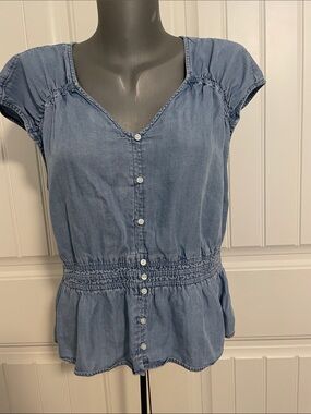 Sonoma Light Blue Button-Front Smocked Waist Blouse